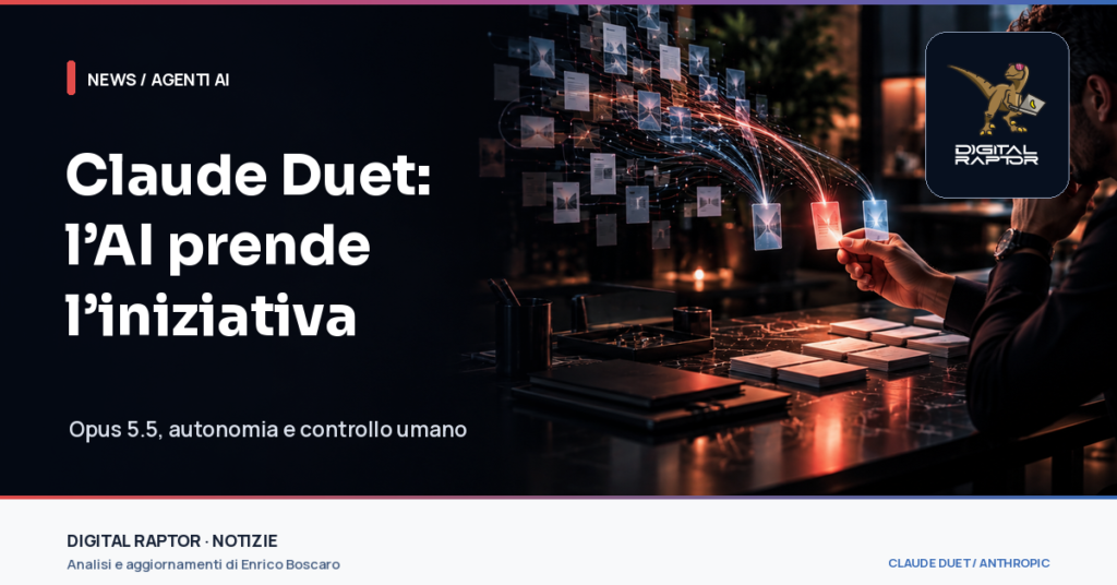 Copertina editoriale Digital Raptor: professionista seleziona segnalazioni prioritarie tra flussi di documenti, per raccontare Claude Duet e gli agenti AI proattivi.