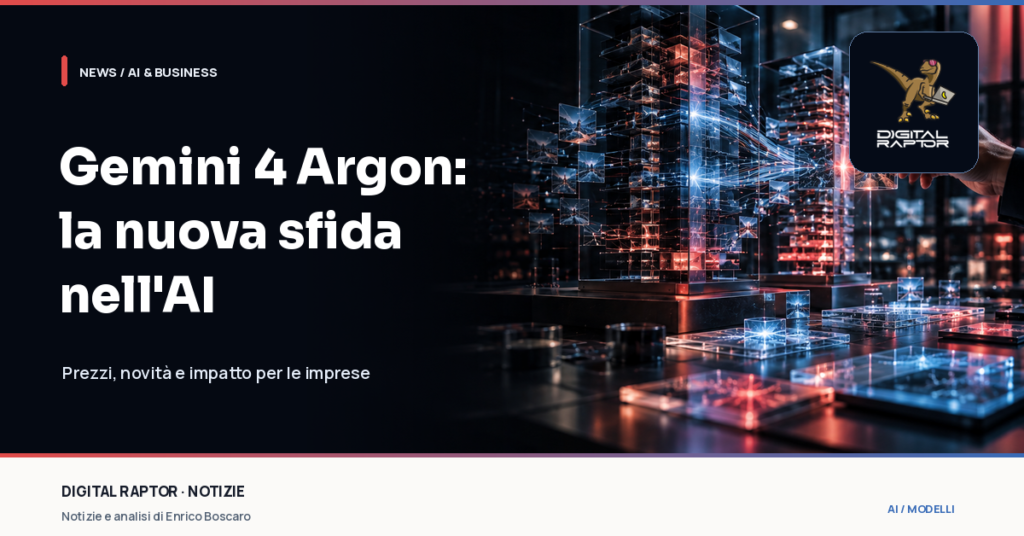 Rappresentazione editoriale di modelli AI e flussi di dati: annuncio di Gemini 4 Argon, prezzi e impatto sulle imprese.
