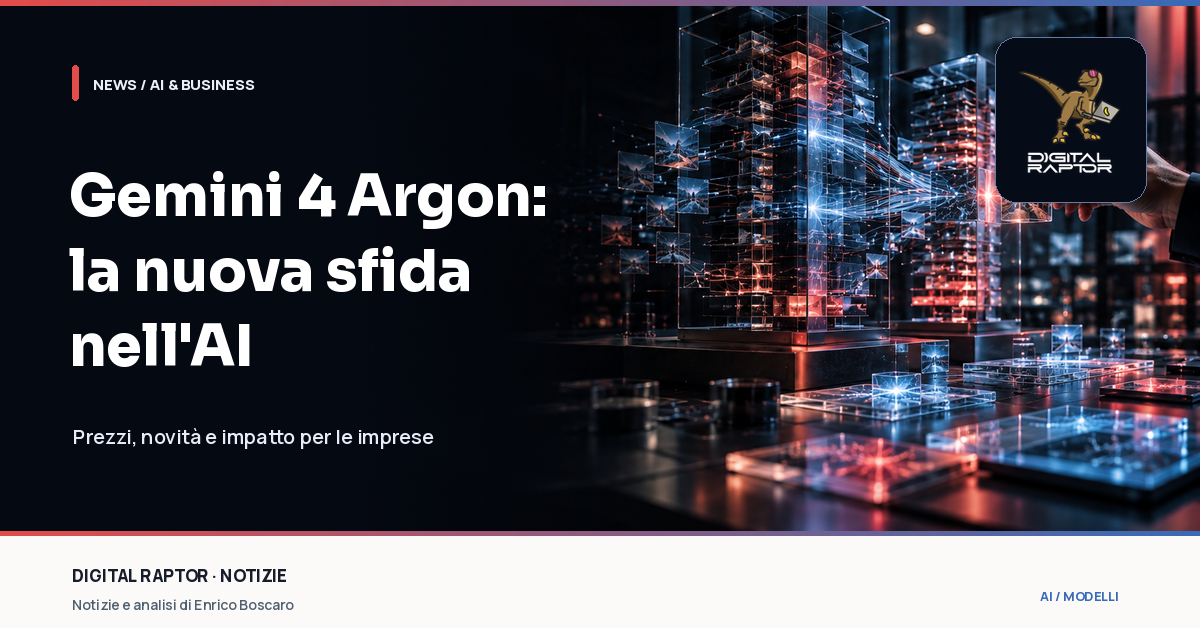 Rappresentazione editoriale di modelli AI e flussi di dati: annuncio di Gemini 4 Argon, prezzi e impatto sulle imprese.