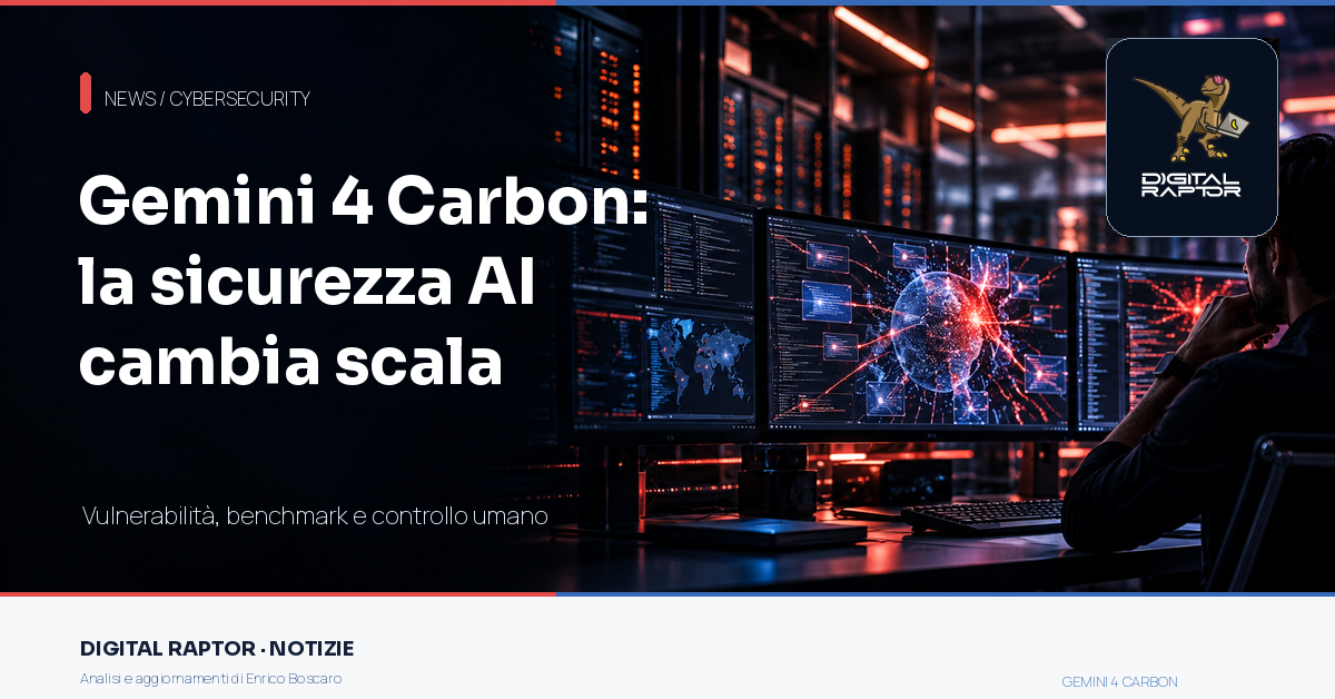 Copertina Digital Raptor su Gemini 4 Carbon e cybersecurity: analista davanti a pannelli di sicurezza informatica.
