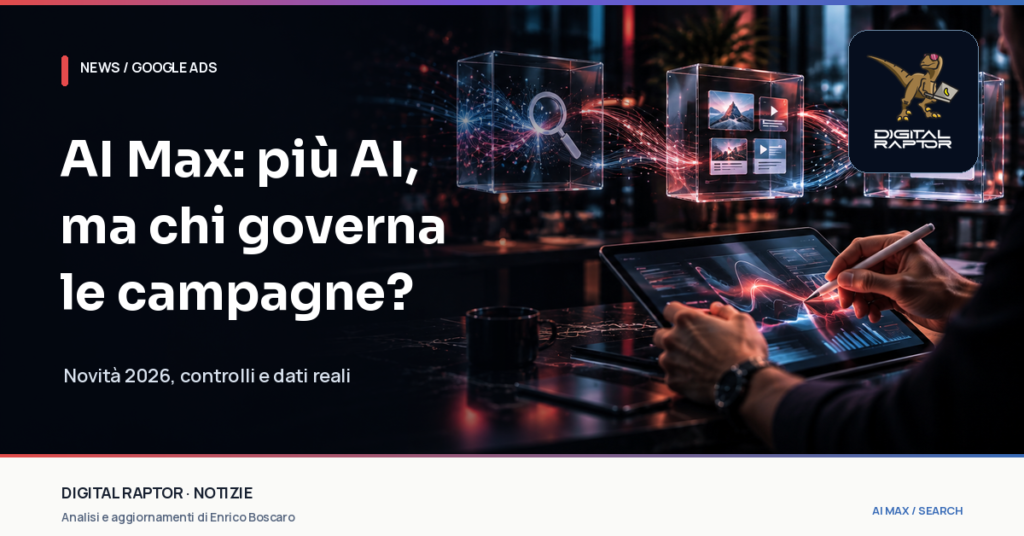 Illustrazione editoriale Digital Raptor: un professionista analizza campagne Search e flussi di dati in un ambiente tecnologico, per spiegare AI Max in Google Ads.