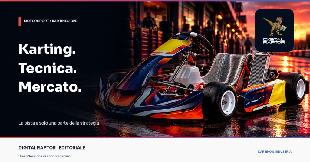 Kart KZ da competizione con muso rivolto a sinistra, carenature blu con accenti rossi e gialli, pneumatici slick su cerchi bianchi e atmosfera di pista; copertina Digital Raptor sul marketing nel karting.