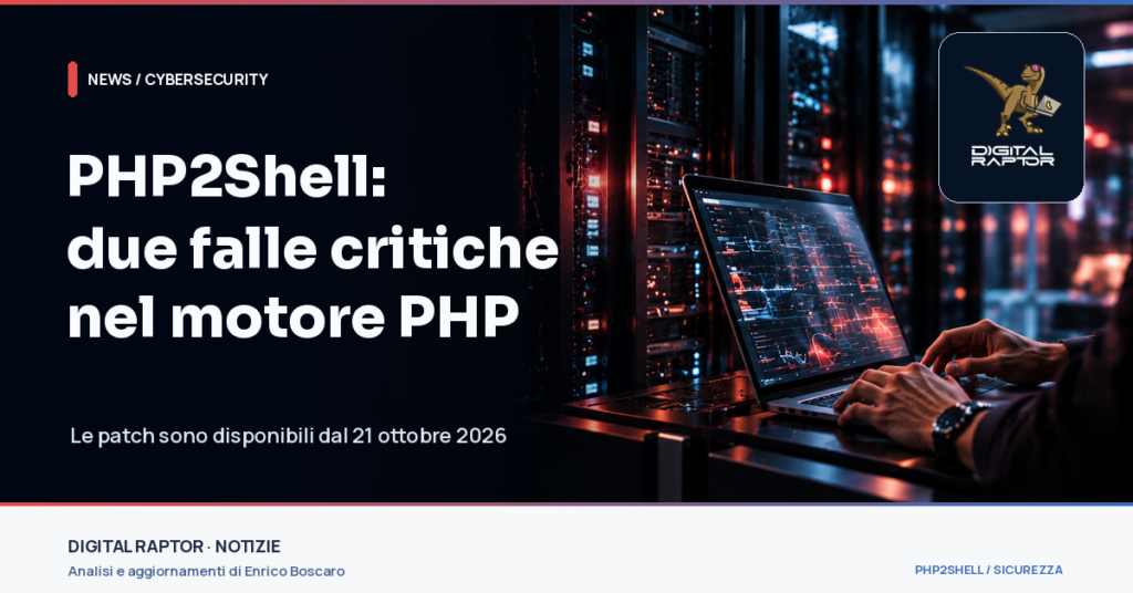 Copertina editoriale Digital Raptor: tecnico analizza sistemi server PHP in un data center, notizia sulle vulnerabilità PHP2Shell.
