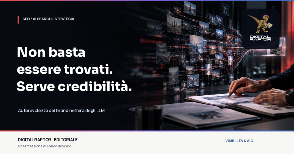 Blog Digital Raptor | Strategie, SEO e Marketing Digitale 11 Una rete di fonti digitali convergenti in un nodo di sintesi, con un professionista che analizza documenti; editoriale Digital Raptor su SEO e autorevolezza nelle risposte AI.