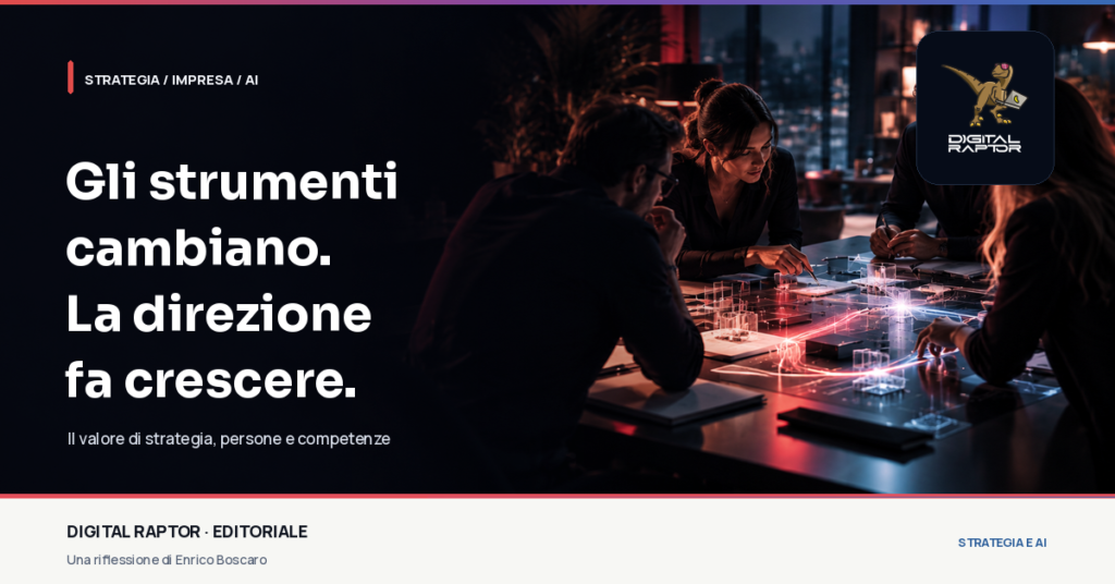 Quattro professionisti coordinano una strategia in un ambiente contemporaneo, tra competenze umane e tecnologia.